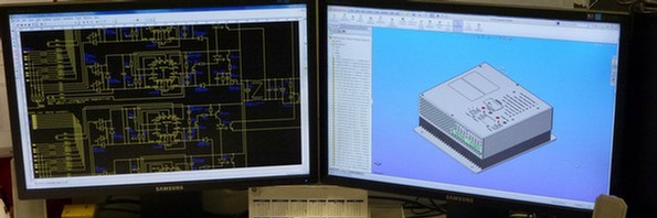 Transpower computer screen showing pcb design and solidworks model